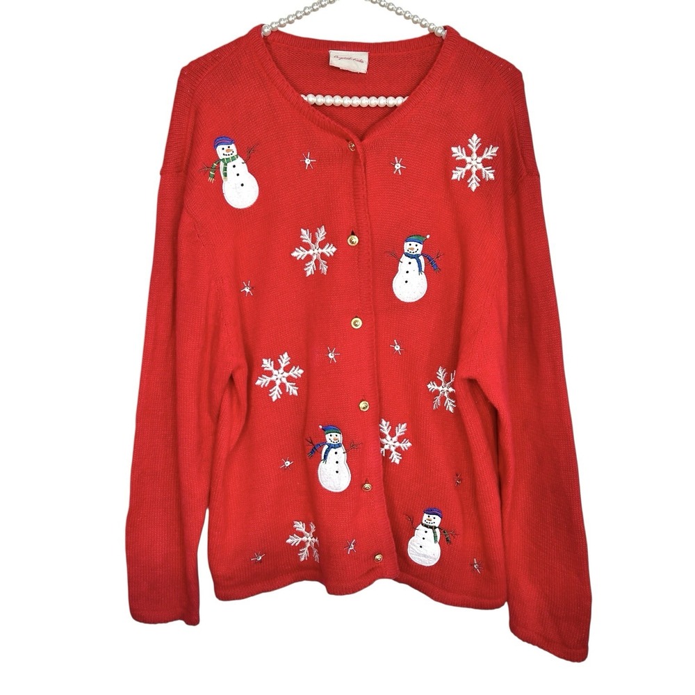 Vintage Crystal Kobe Christmas Cardigan‎ Sweater Large Grandma Holiday Embroider